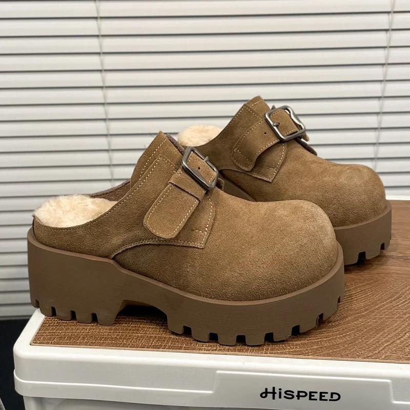 Тапочки на платформе женские замшевые брендовые теплые хлопковые мюли женские зимние сапоги 2024 года повседневные хлопковые тапочки с открытой пяткой