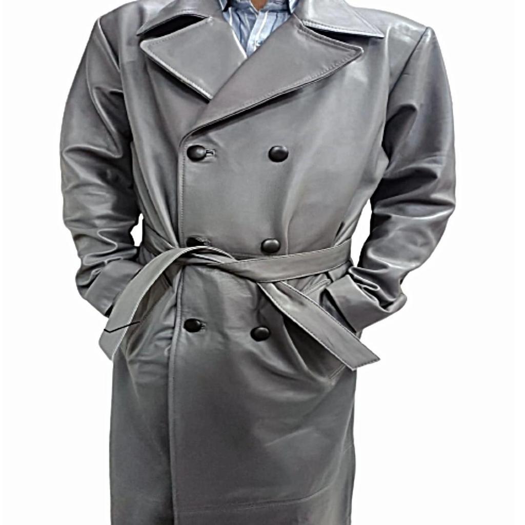 Мужская серая кожа из натуральной коровьей кожи, двубортный стиль, ремень воскового загара, длинная уличная одежда, плащ, длинный стильный плащ, подарок для мужчин