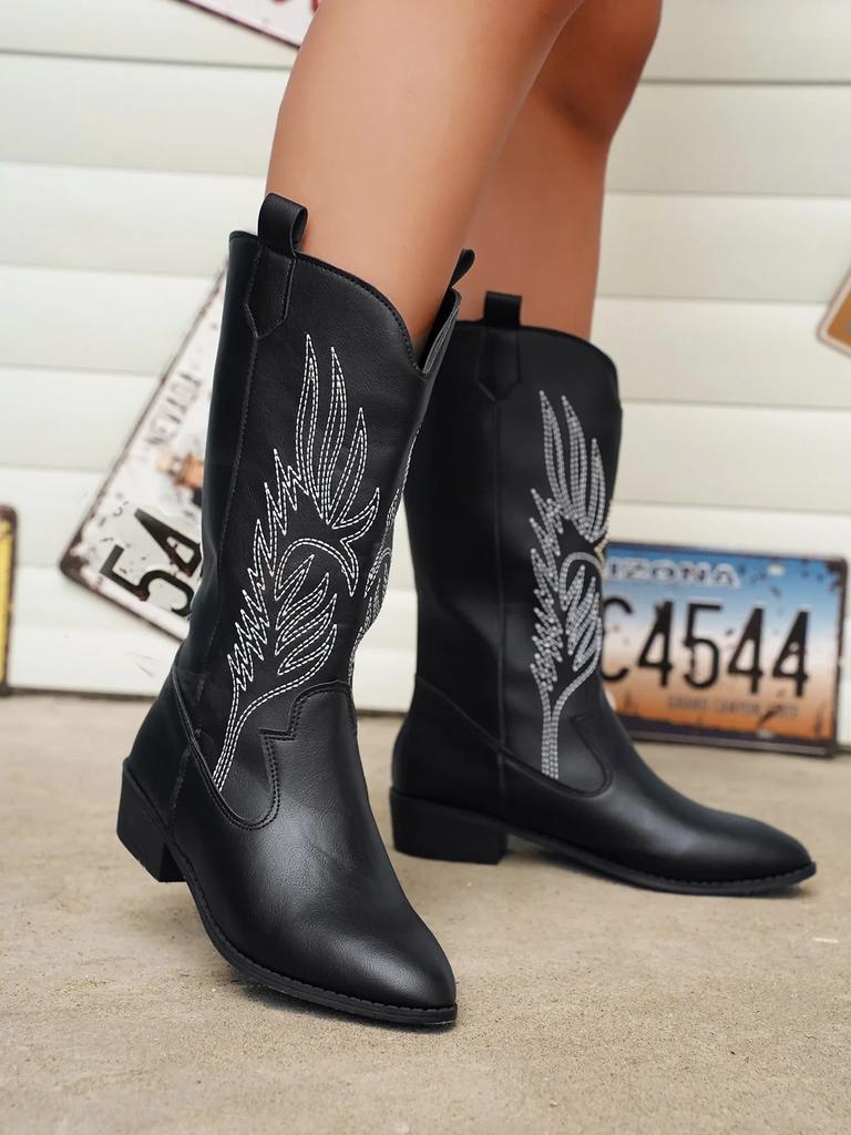 Gold Mid-calf Boots Women Silver Pointed Western Cowboy Boots Retro Fashion Black Boot Plus Size 36-43 WomenBoots