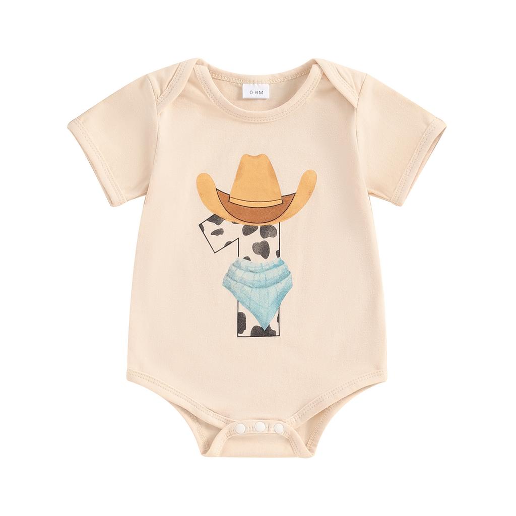 Western Baby Romper Casual Short Sleeve Round Neck Hat Print Bodysuit Newborn Playsuit
