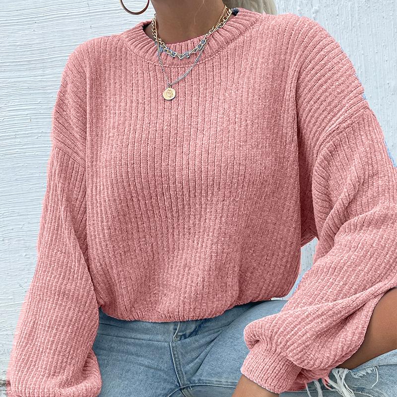 Женский короткий однотонный вязаный свитер с круглым вырезом и длинными рукавами из шенилла, свободный базовый свитер
