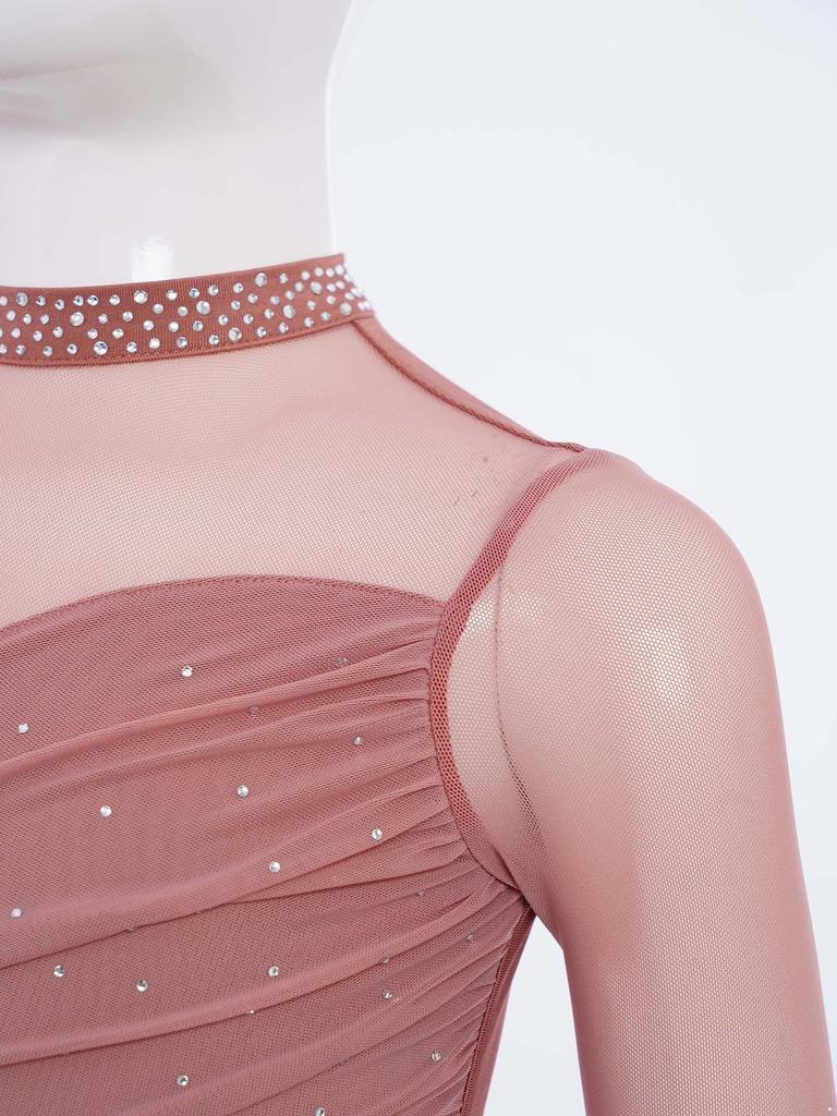 Kids Figure Skating Dress Girls Lyrical Dance Costume Sparkling Rhinestones Leotard with Mesh Skirt for Competition