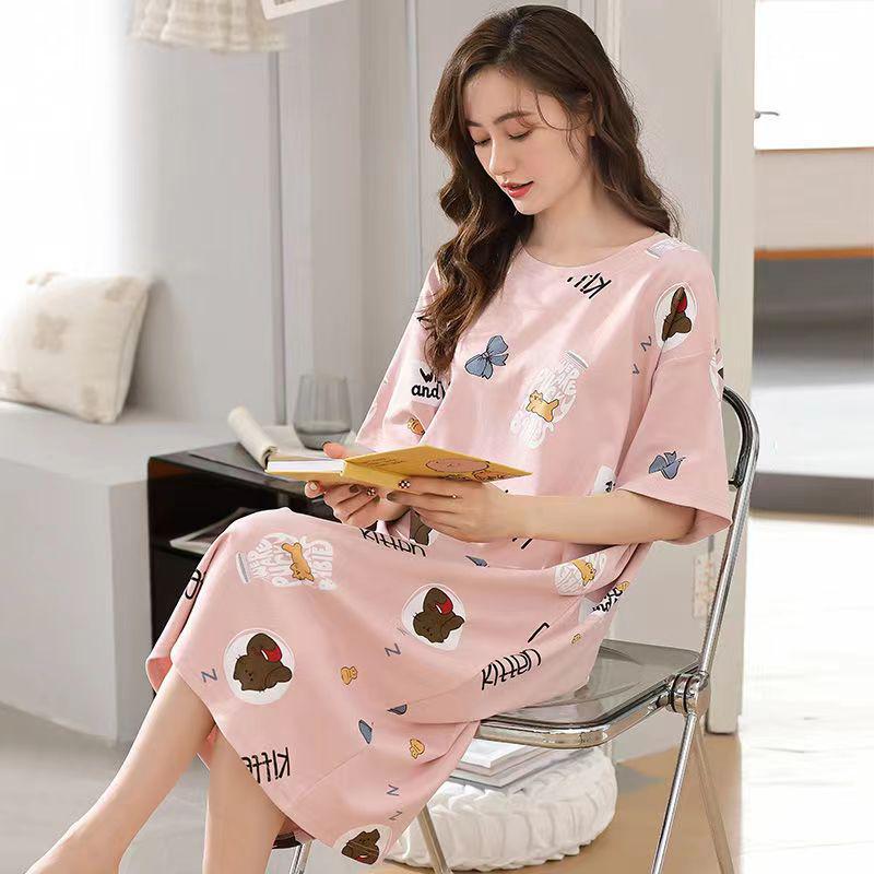 2024 Women's Cute Cartoon Summer Short-Sleeve Nightdress, Thin Large Size, Indoor/Outdoor Wear