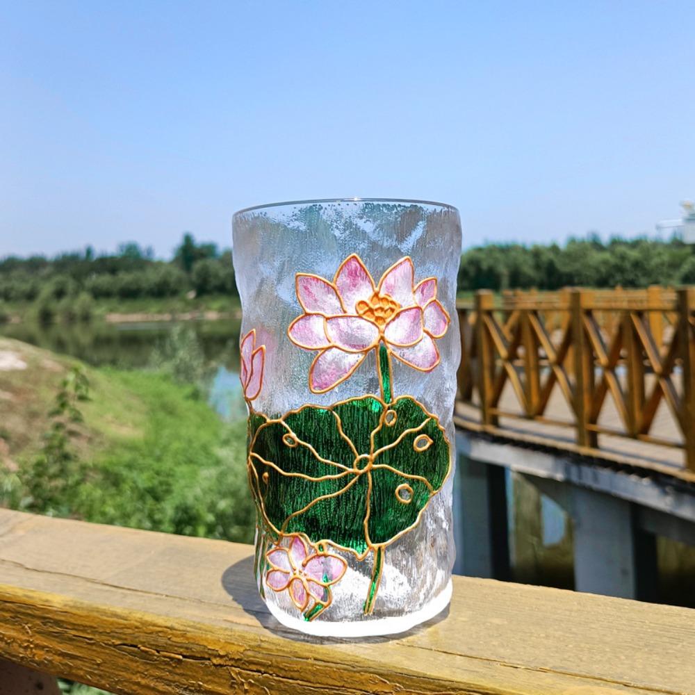 Glacier Texture Hand-Painted Glass Cup Flower Design Beer Cup Fashion Juice Cup  Tea Time