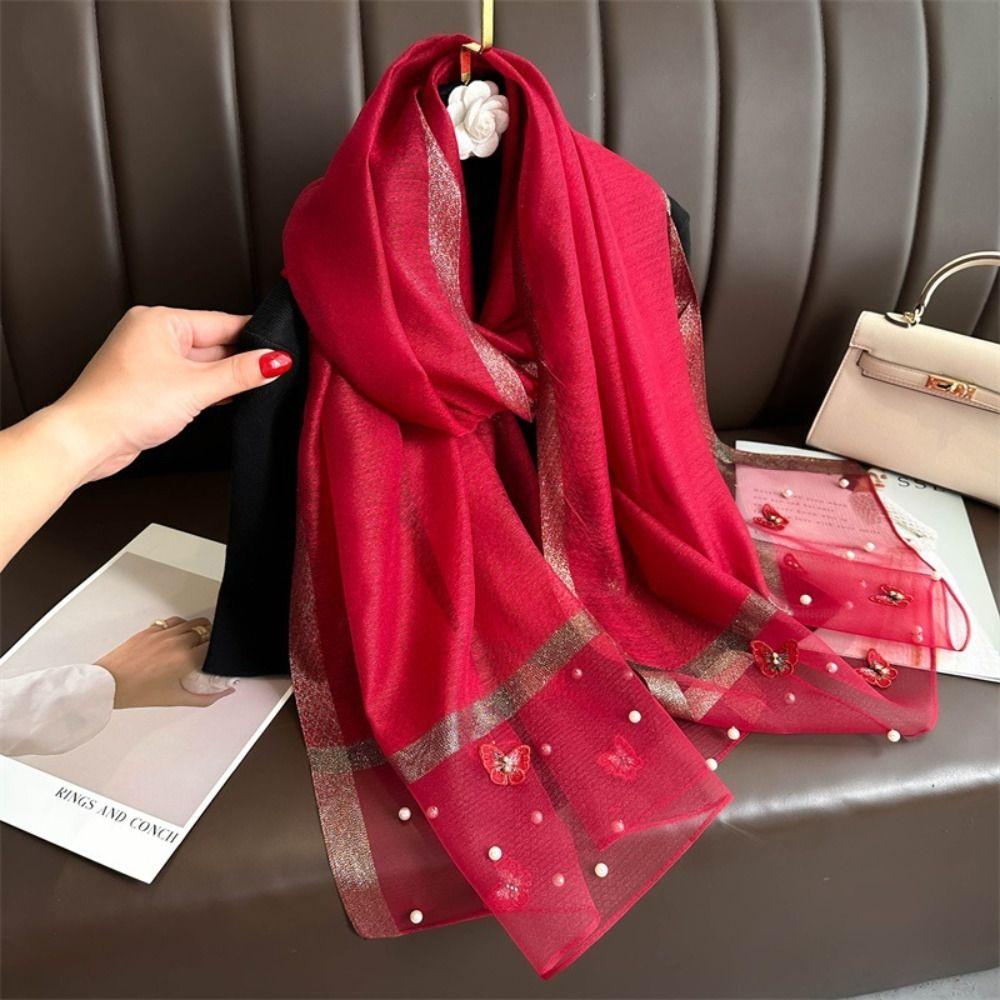Pearl Silk Scarf Large Women Hijab Shawls Elegant Butterfly Embroidery Scarf Lady