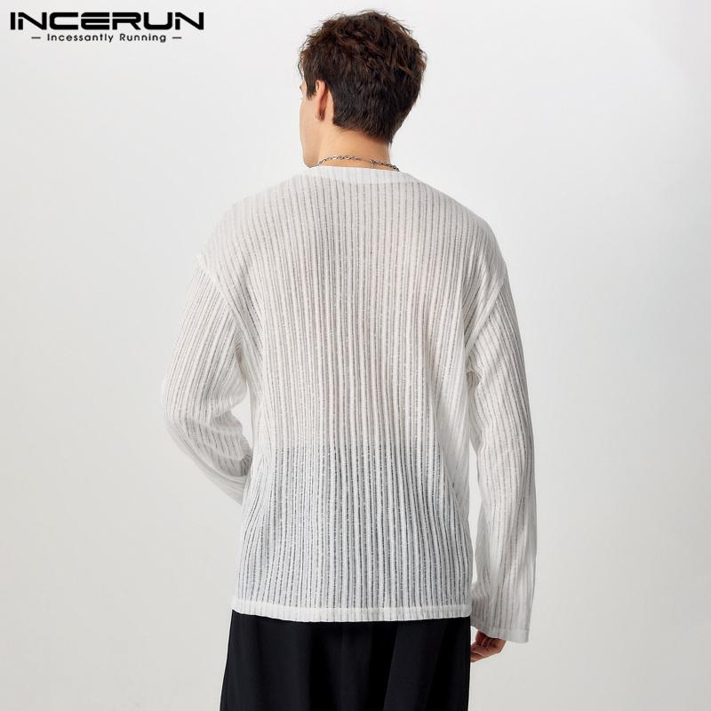 INCERUN Мужские рубашки без воротника, прозрачные, на пуговицах, повседневные, прозрачные топы