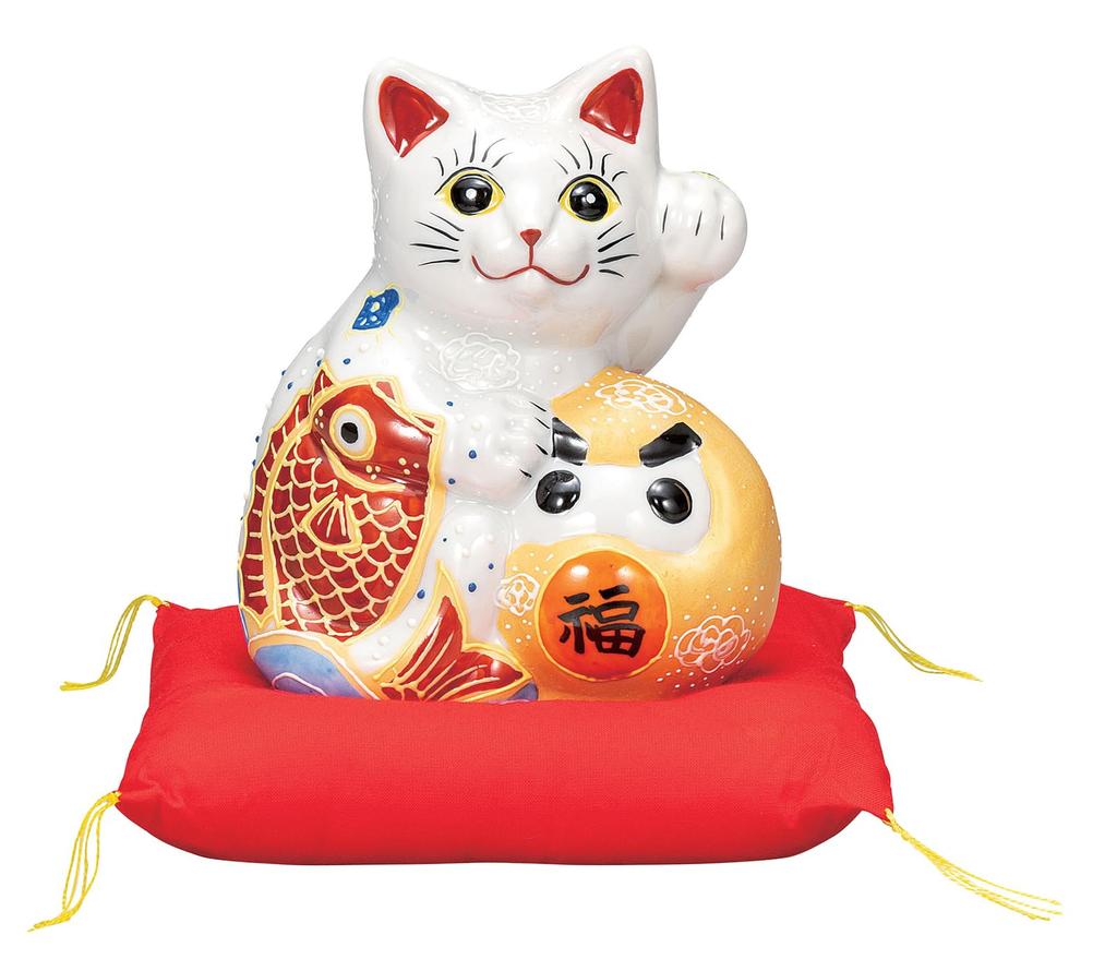 Kutani Ware Celebrating Business Prosperity and Good Left with Size Celebration Sea Bream and Maneki-neko Figurine, Fortune, Handed, Cushion, 15.5cm