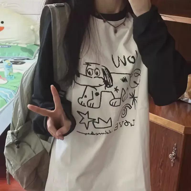 Женская корейская свободная повседневная футболка с длинным рукавом и контрастной строчкой черного и белого цвета