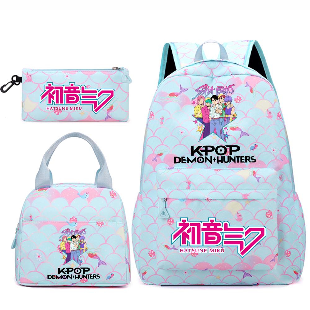 3Pcs/set Anime Cartoon Demon Hunters Printed Backpack Handbag Pencil Case for Teenger Student Girl Boy Large Capacity Waterproof Bookbag