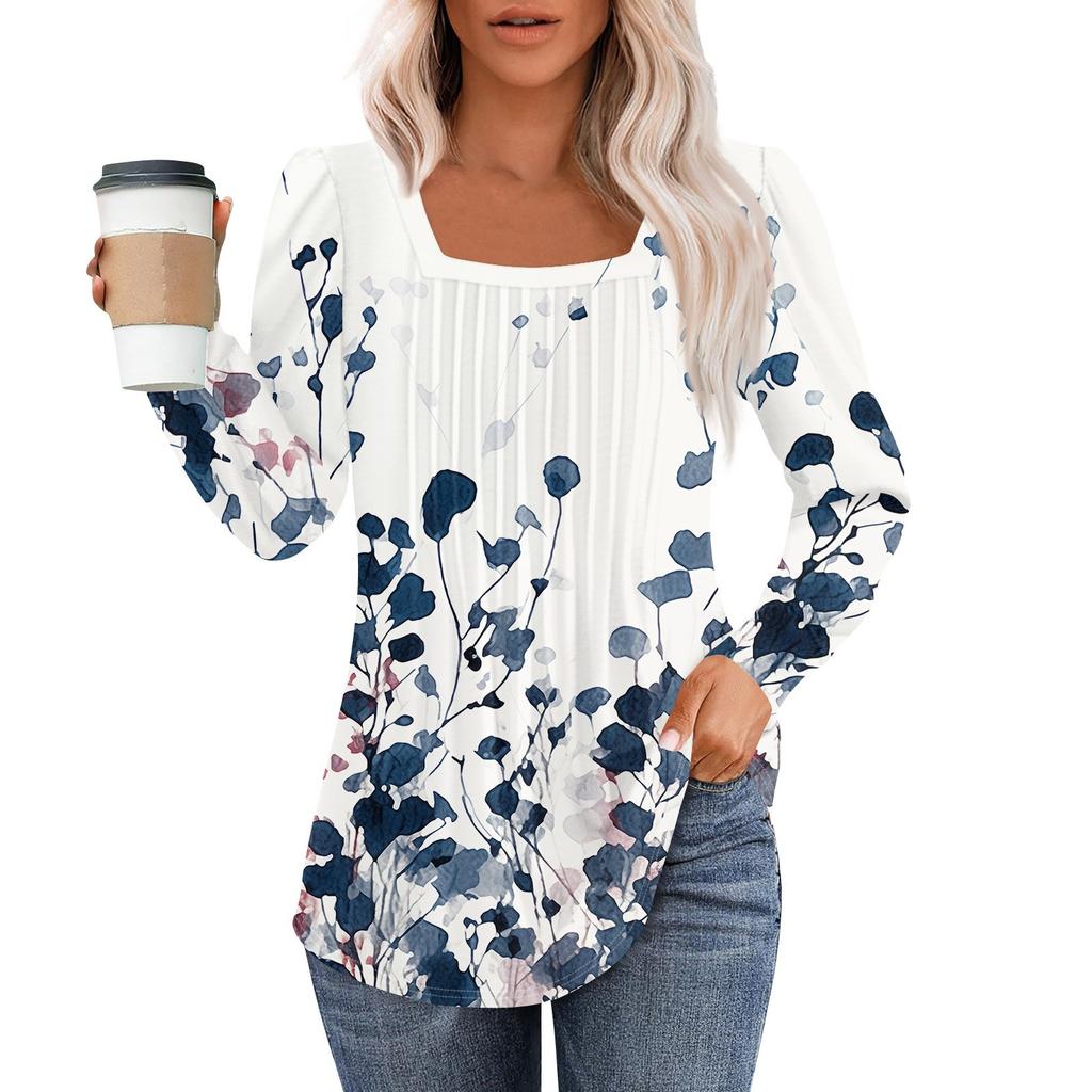 Long Sleeve Shirts For Women Tops Dressy Casual Blouses Pleated Square Scooped Neck Tunic Tops