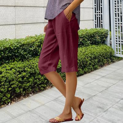 Женские шорты, эластичные, средней посадки, прямые, длиной до колена, с карманами, однотонные, стандартного покроя шорты