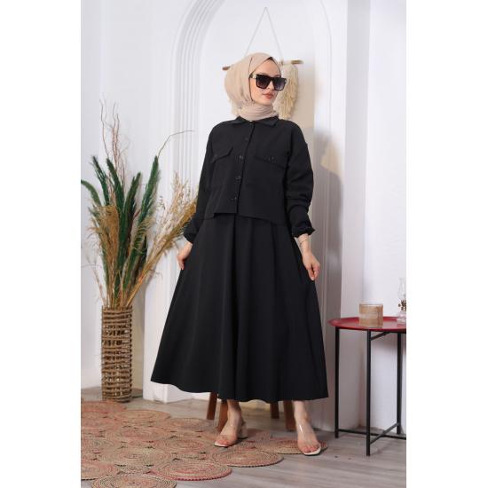Женский хиджаб с карманом на пуговицах и эластичной расклешенной юбкой с манжетами