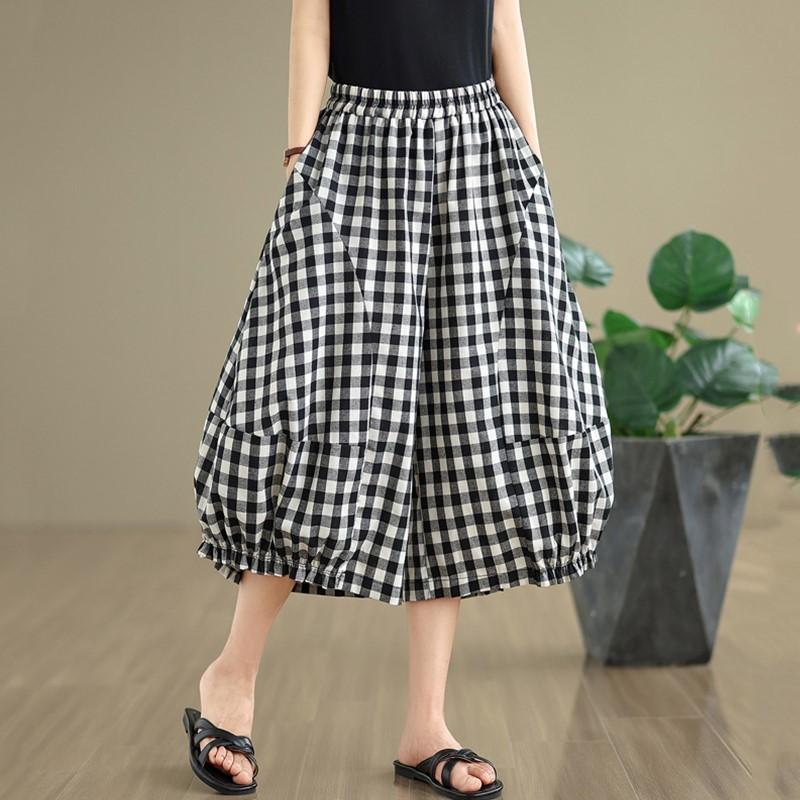 Винтажные клетчатые брюки больших размеров с высокой талией, повседневные, свободные, летние, с широкими штанинами, крест-накрест, женские