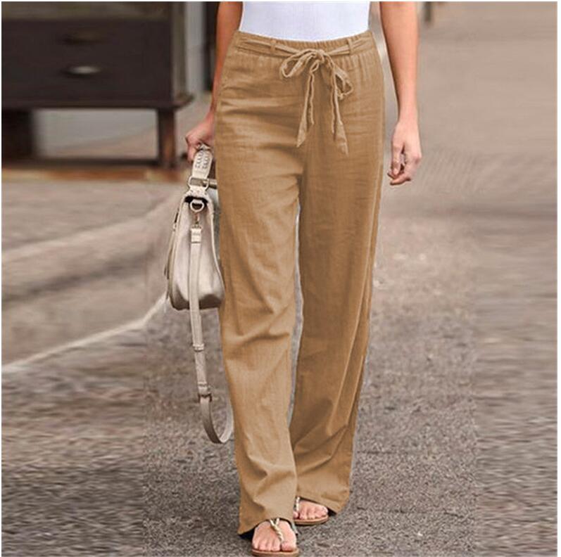 Summer Elastic Waist Pure Color Cotton Linen Wide Leg Pants, Loose Trousers Female