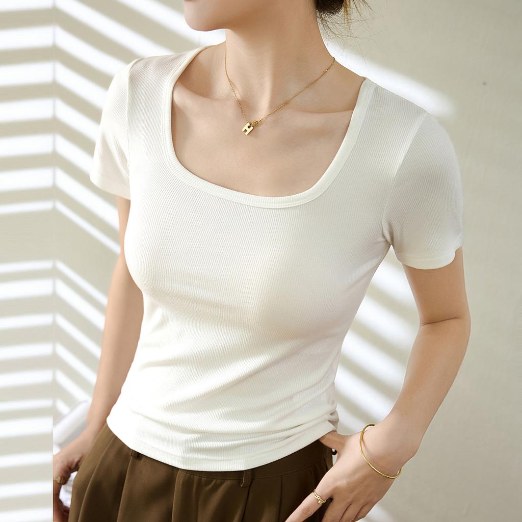 Cotton Summer New Versatile T-shirt Women's Short-sleeved Top Square Neck Bottoming Shirt