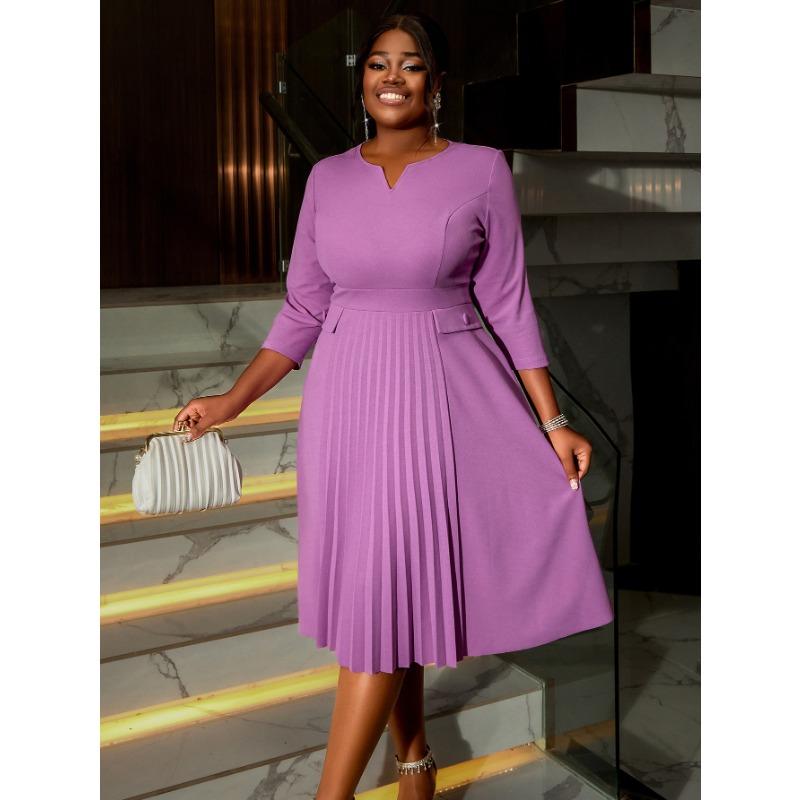 Women Solid Color Pleated Plus Size Elegant Casual A Line Midi Dress