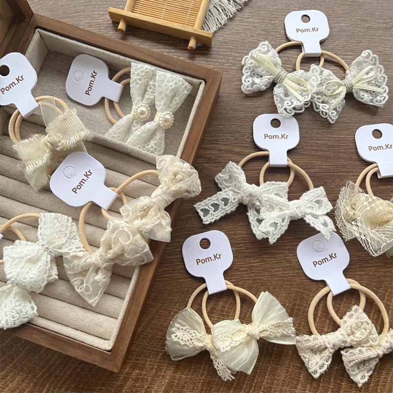 2 шт./набор Бежевый цвет Милые кружевные бантики Резинки для волос для девочек Модные эластичные Универсальные Детские резинки для хвостиков с цветочной кружевной отделкой