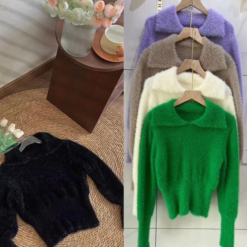 Корейский шик Антивозрастной свитер с воротником-поло из меха норки – Женский вязаный топ с длинным рукавом