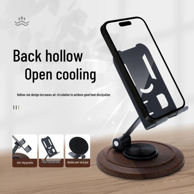 Foldable Walnut Wood Grain Phone Stand - 360° Rotation & Multi-Angle Adjustment for Streaming and Viewing