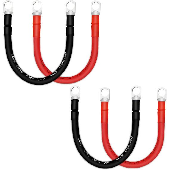 4 AWG Battery Cables with 3/8 inch Copper Terminals(2PCS 1FT)