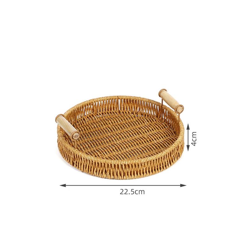 Storage Tray Round Rattan Woven Tray Fruit Breakfast Tea Storage Basket Desktop Sundries Organizer Bread Plates With Wood Handle