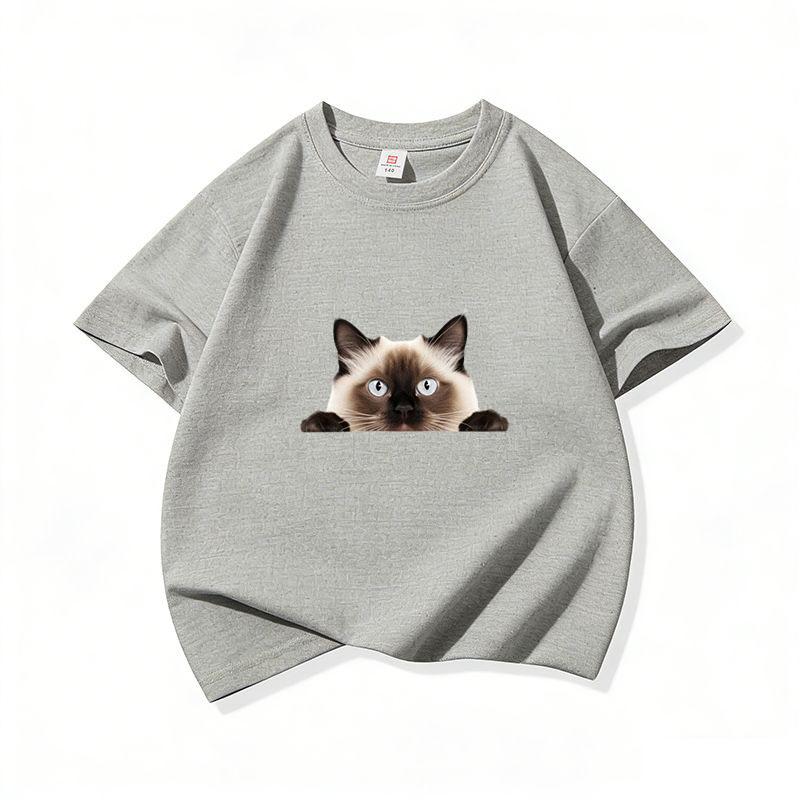 Kids Cotton T Shirt Peeking Siamese Cat Pattern Print Crew Neck Short Sleeve Tee Casual Breathable Boys Girls Summer Tops