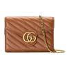 Gucci GG Marmont Brown Leather Chevron Quilted Chain Wallet Crossbody Bag For Women Daily Use