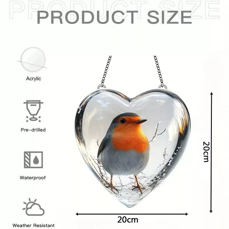 1pc Heart-Shaped Robin Acrylic Sun Catcher - Reflective Red-Breasted Bird Hanging Decor