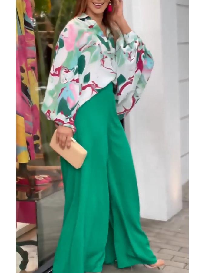 2024 Women's Plus Size Fashion: Lapel Shirt & High-Waist Wide-Leg Pants Set