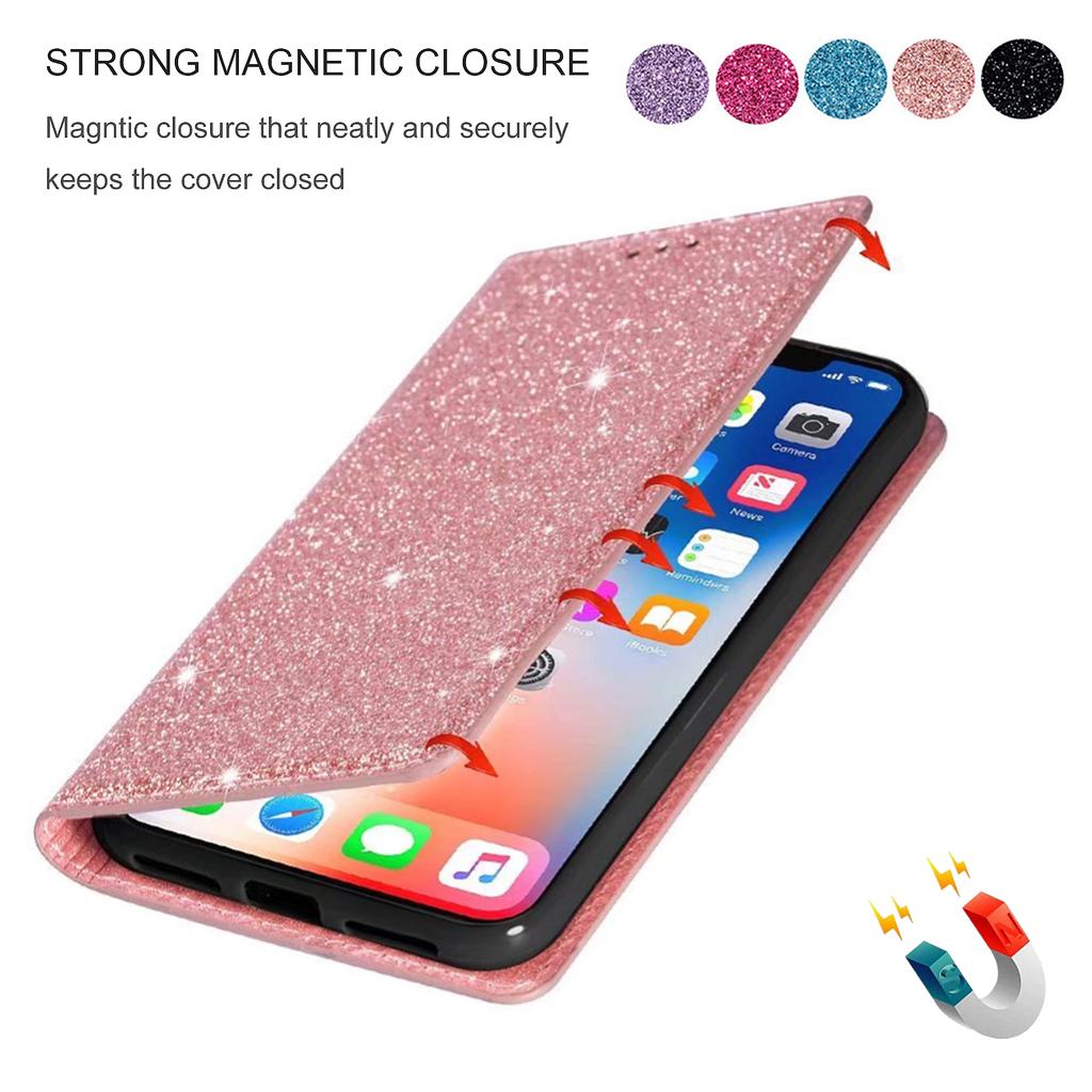 Кожаный чехол с блестками и стразами для iPhone 17 16 15 14 13 12 11 Pro XS Max Air XR 8 7 Plus SE с держателем для карт, магнитная обложка-бумажник
