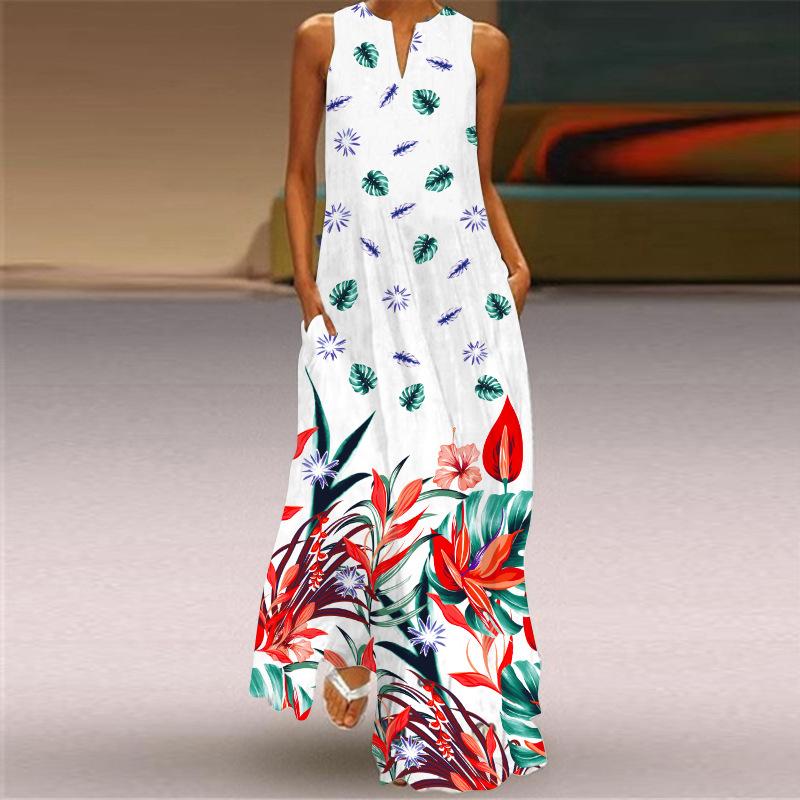 Women's 3D Printed Dresses Summer Boho Sleeveless V-Neck Long Dress Ladies Casual Loose Beach Party Maxi Dresses