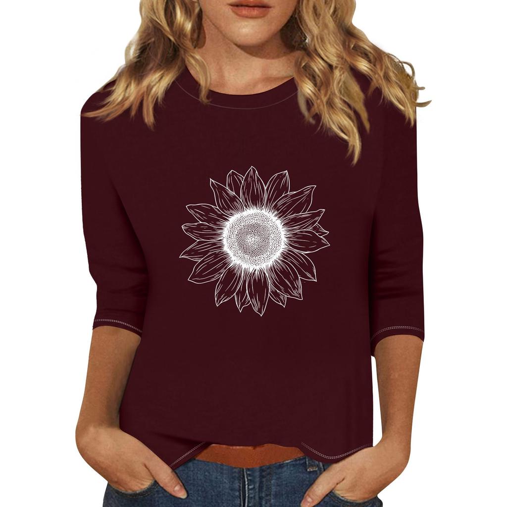 Women's Fashionable Casual Three Quarter Sleeve Printed Collar Pullover Top