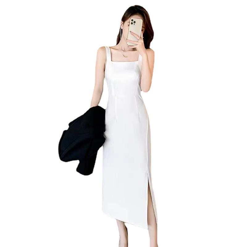 2024 Приталенное черное платье-сарафан: Летний темперамент, средняя длина с разрезом