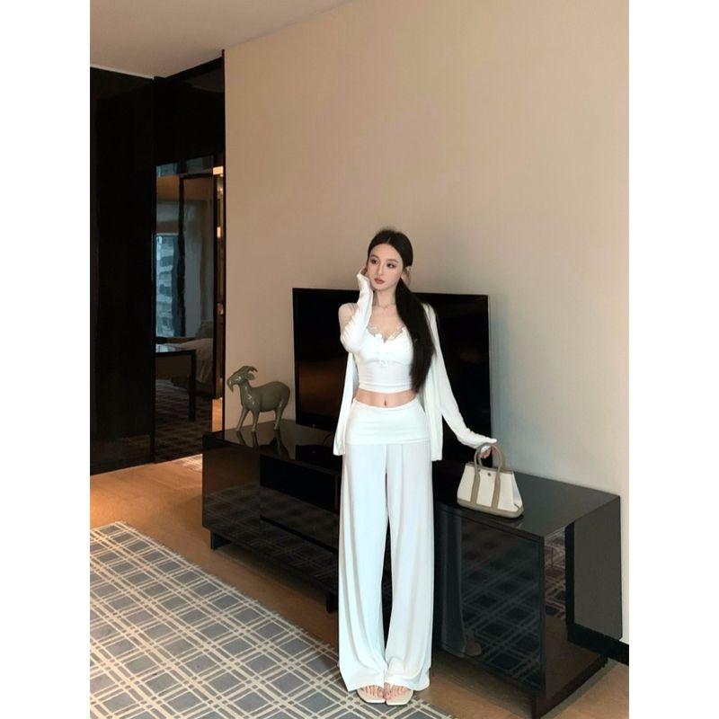 Kumikumi Pure Desire Style White Long Sleeve Cardigan Inner Wear Cami Women Autumn Slimming Wide Leg Pants Three-Piece Suit
