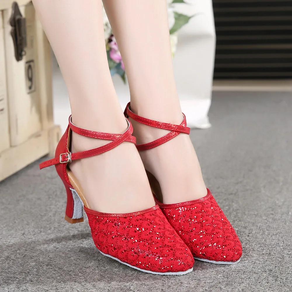 Модные туфли для современных танцев для женщин, туфли для латиноамериканских танцев с верхом из сетки с блестками, подошвой из мягкой замши и высокими каблуками, черные туфли