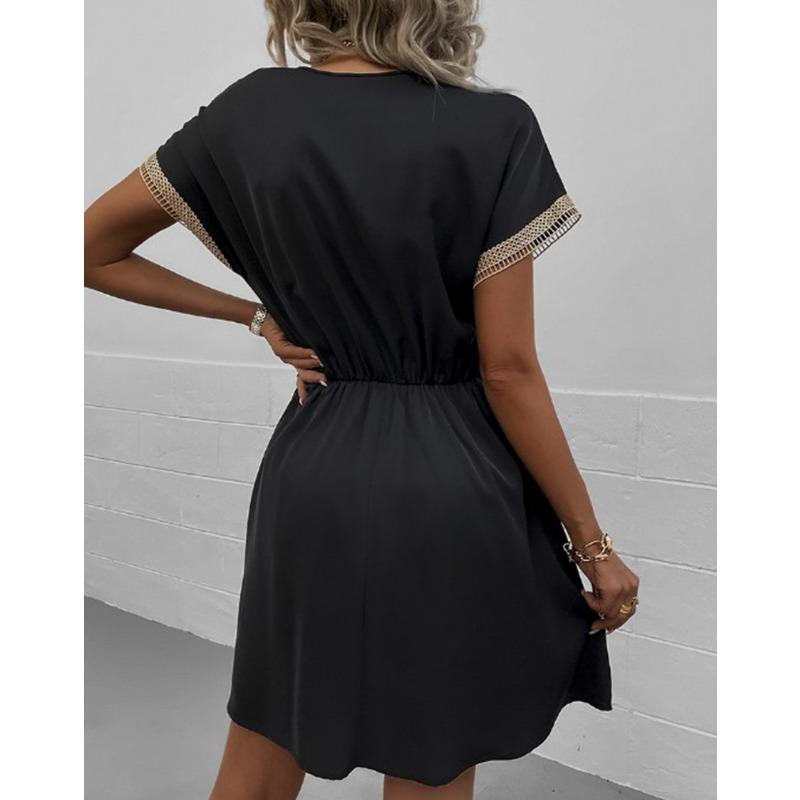 Women Vintage Mini Dresses 2023 Summer Fashion Solid V Neck Loose Lace Up Dress Female Casual Short Sleeve Beach Dress Vestidos