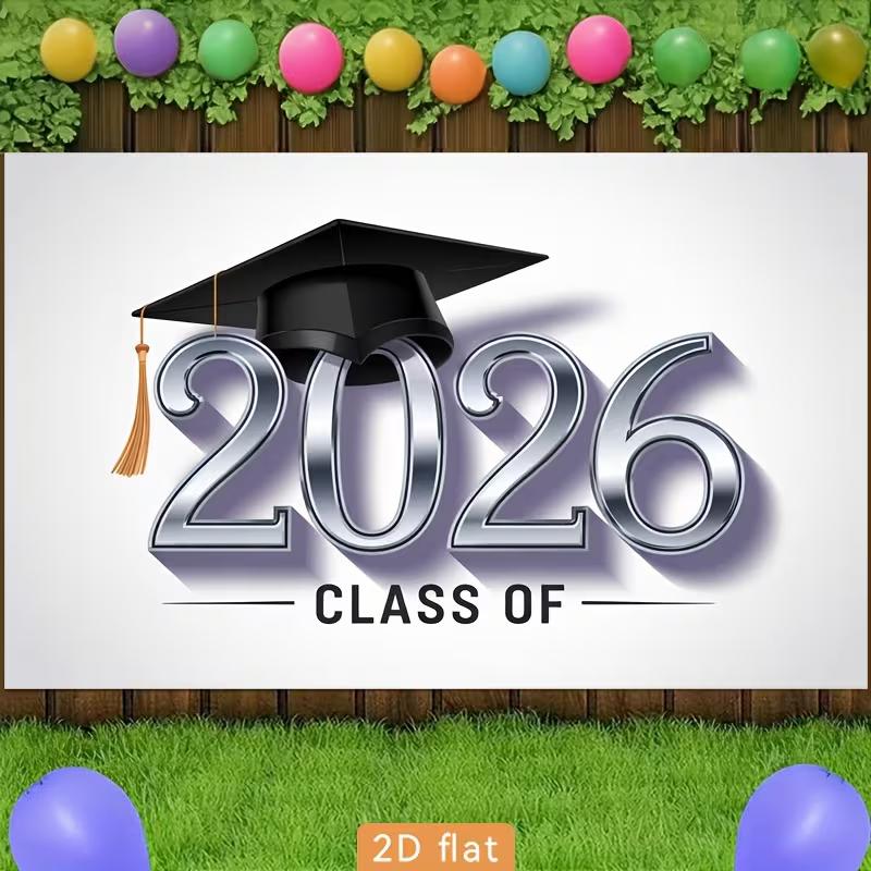 2D Class of 2026 Graduation Photography Backdrop Silver Metallic Number & Cap Party Background