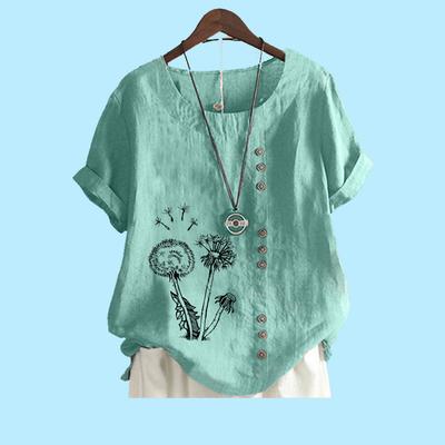 Женская мода с коротким рукавом, хлопковая льняная блузка, лето и осень, мода, цветочный принт, свободная футболка