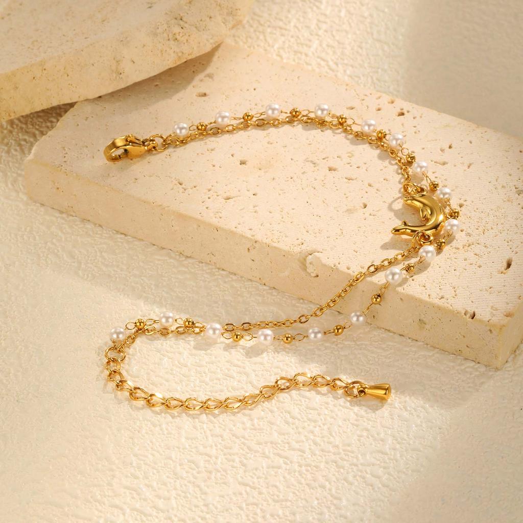 Exquisite Dolphin Imitation Pearl Bead Chain Bracelet for Women,Stainless Steel Double Layered Bracelets,Charm Jewelry Gifts