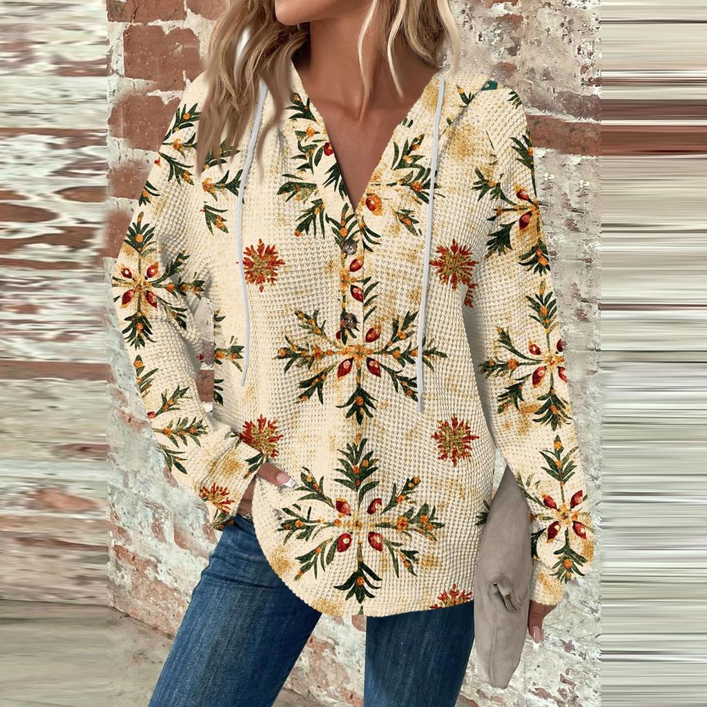 Women's Fashion Casual Long Sleeve  Drawstring Button V-Neck  Hooded Christmas Printed Sweatshirt Top