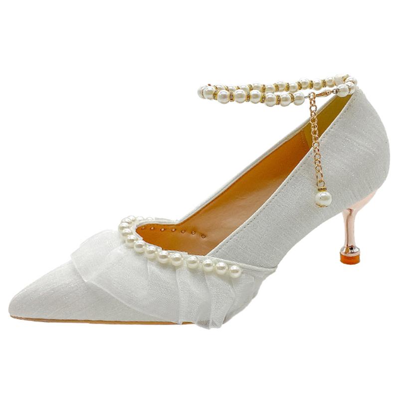 Модные туфли-лодочки на тонком каблуке с ремешком на щиколотке и жемчугом Женские сексуальные туфли с кружевной нитью и бусинами для вечеринки и свадьбы Женские туфли-лодочки на осень 2024 года с острым носком на высоком каблуке