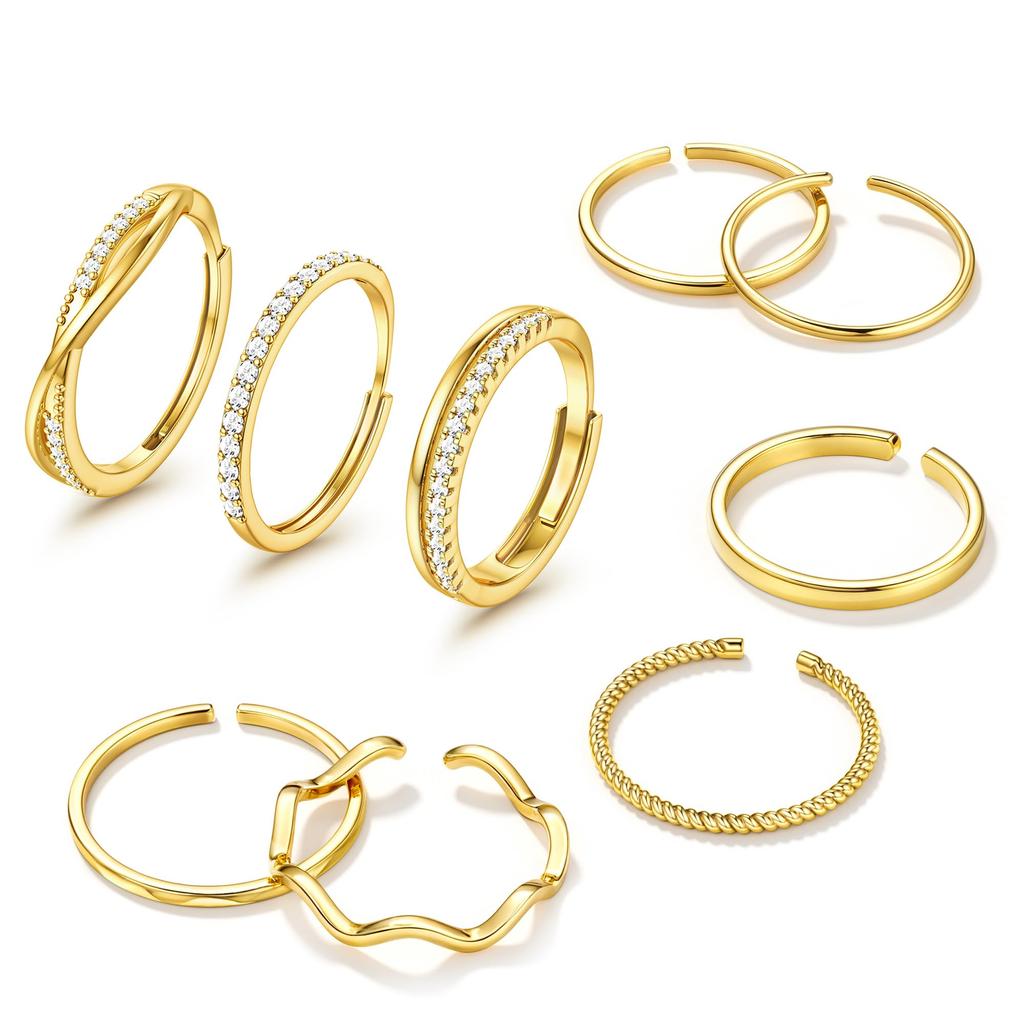 Bobisty Gold-plated Stackable Rings for Women Non Tarnish Open Adjustable Ring Cubic Zirconia Dainty Promise Thin Thumb Ring Set
