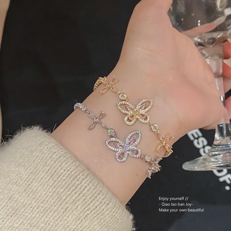 Браслет в корейском стиле с блестящим цирконием и цветком-бабочкой - элегантные ювелирные изделия