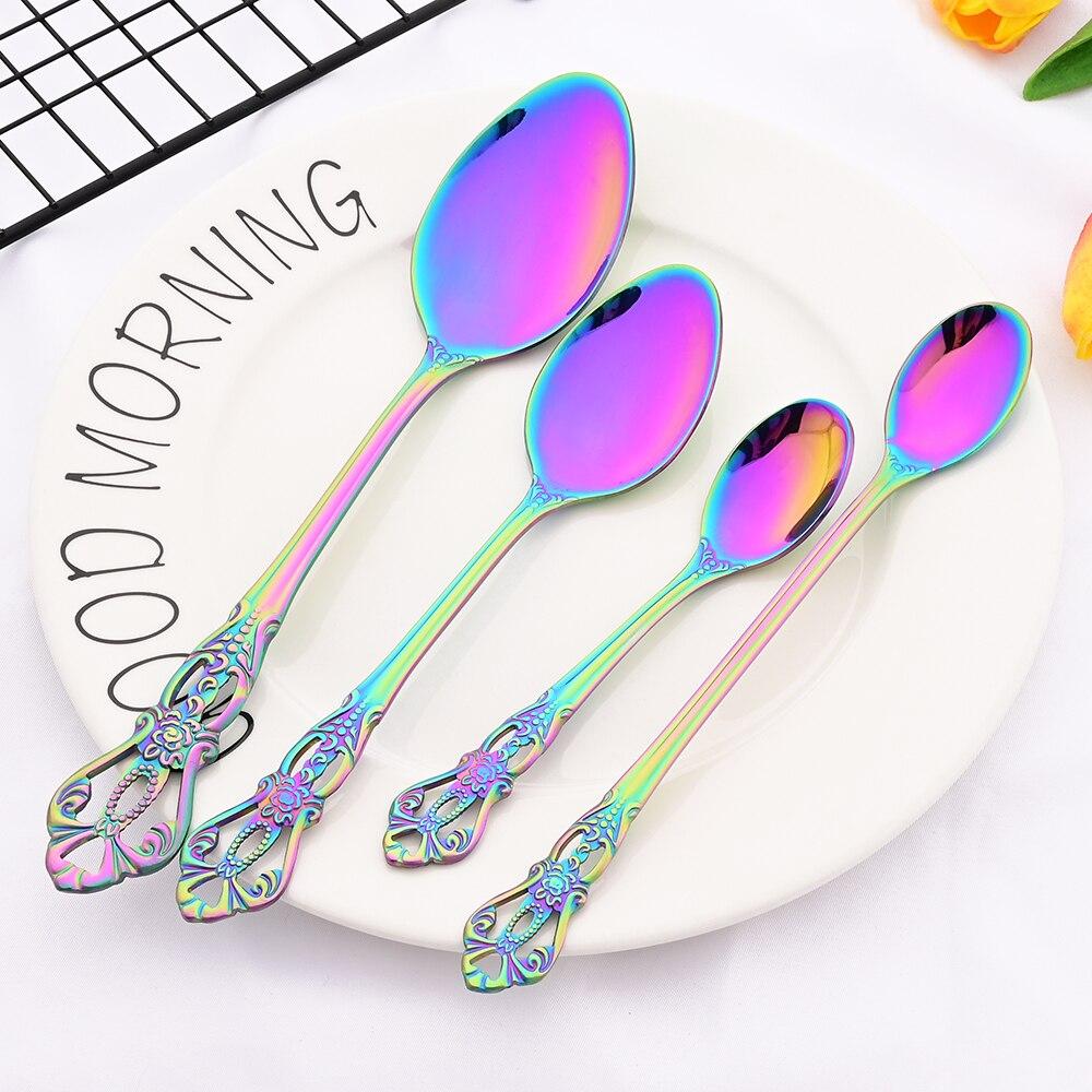 24 шт. Радужный набор столовых приборов, кухонные столовые приборы из нержавеющей стали, нож, вилка, ложка, вилка для торта, винтажный королевский набор посуды