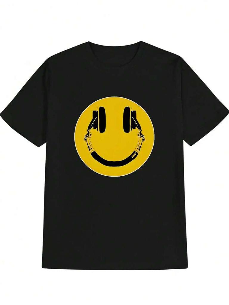 Unisex's Casual Graphic T-Shirt - Black With Yellow CiCCCCCle Headphones & Joyful Face Print