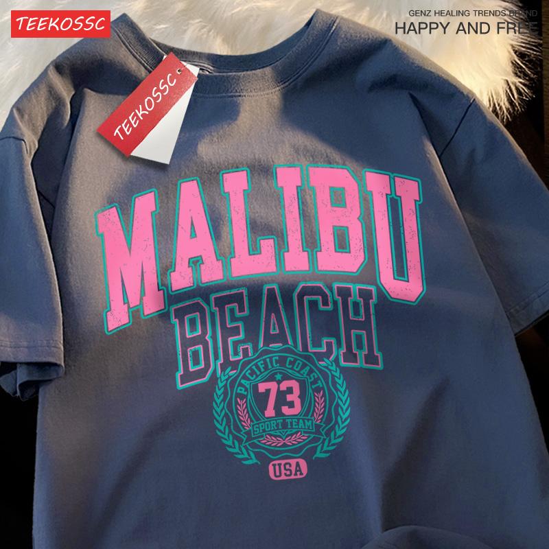 Пляж Малибу Простая надпись Принт Мужчины Женщины Топ Модная футболка Хлопок Свободная футболка Повседневная одежда с круглым вырезом Топ оверсайз