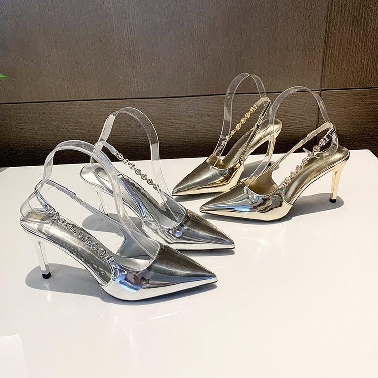 Silver wedding shoes pointed rhinestone back empty high heels spring and summer new bag head thin heel chain sexy versatile women's sandals