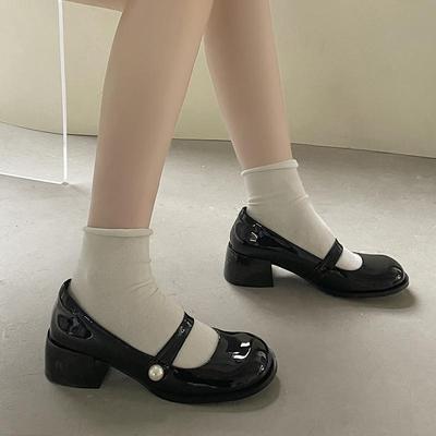 Модные Элегантные Однотонные Черные Лакированные Туфли Мэри Джейн Женские 2025 Осень Роскошные Жемчужные Туфли-Лодочки на Высоком Каблуке Модные Туфли для Вечеринки