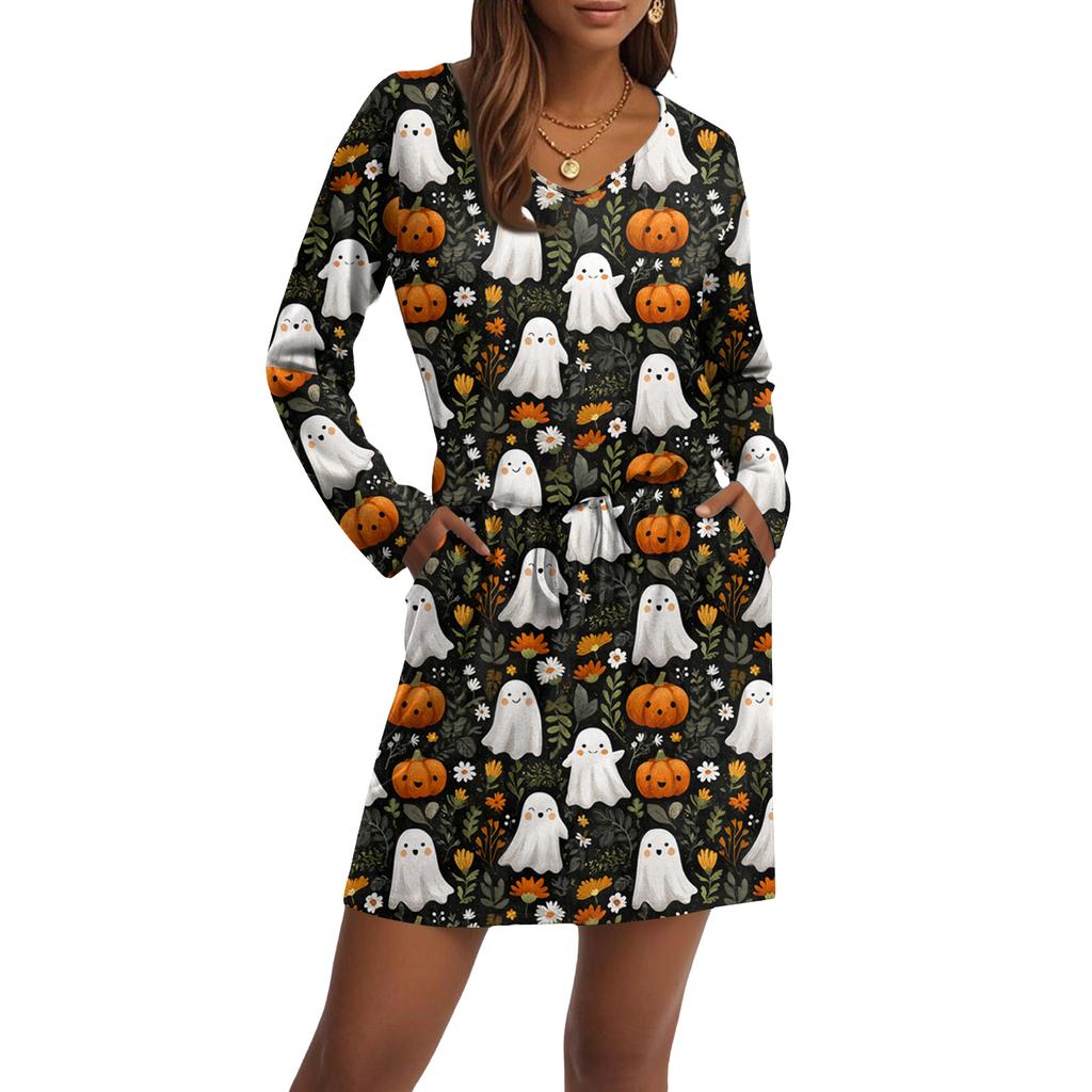 Women's Fashionable V-neck Long Sleeved Drawstring With Pocket Halloween Printed Casual Dress