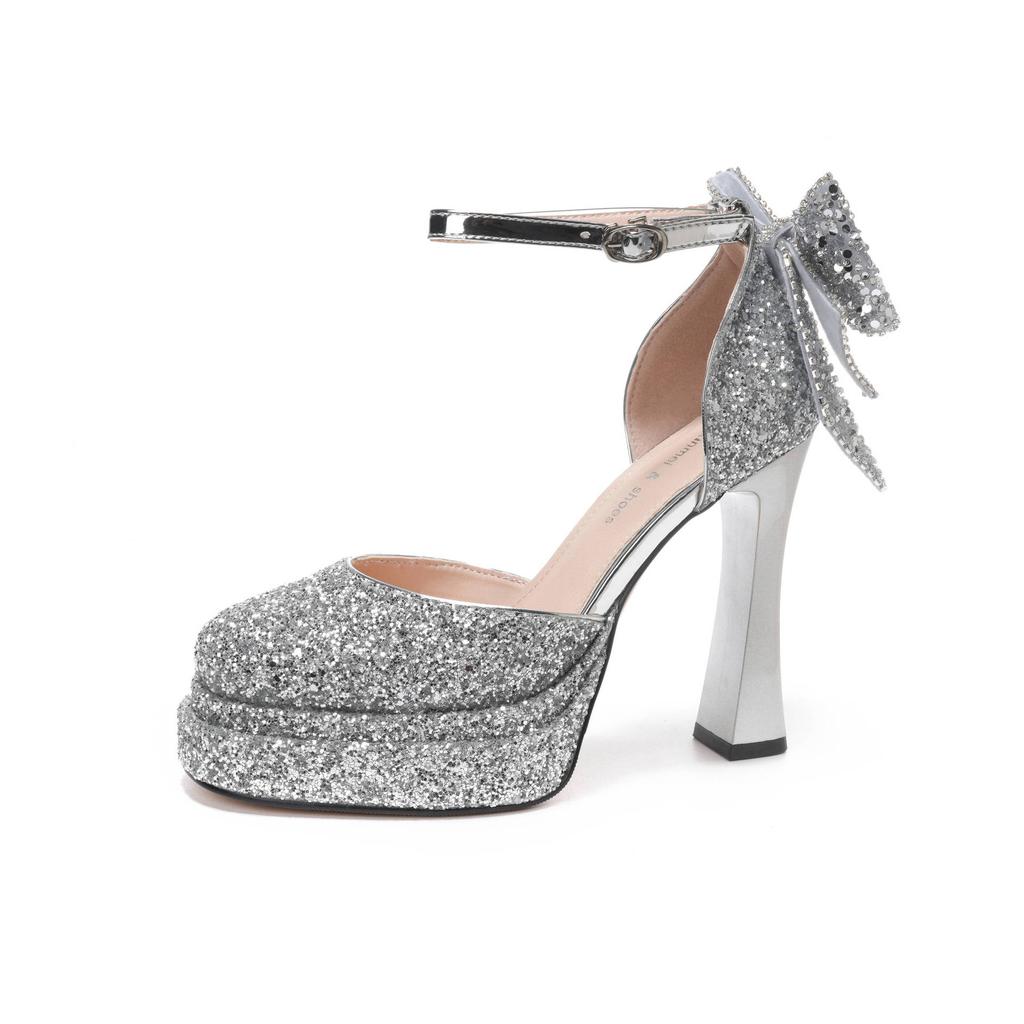 Босоножки с бантом, двойной платформой, пайетками, блочным каблуком, ремешком на полой резинке